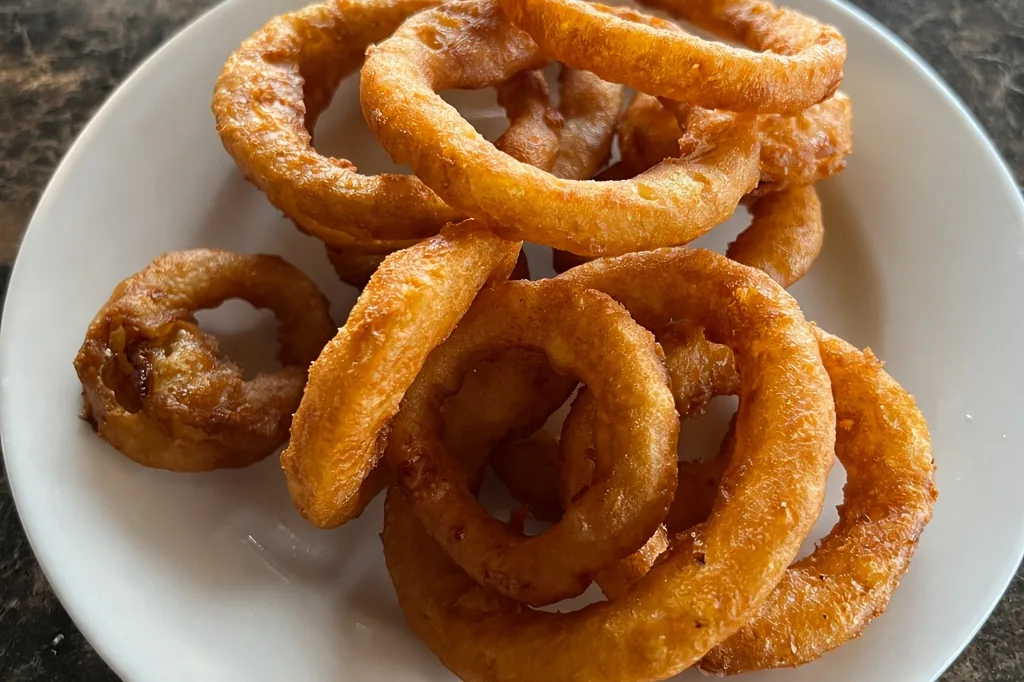 Deep-fried onion rings at Golden Fish & Chips in Hamilton